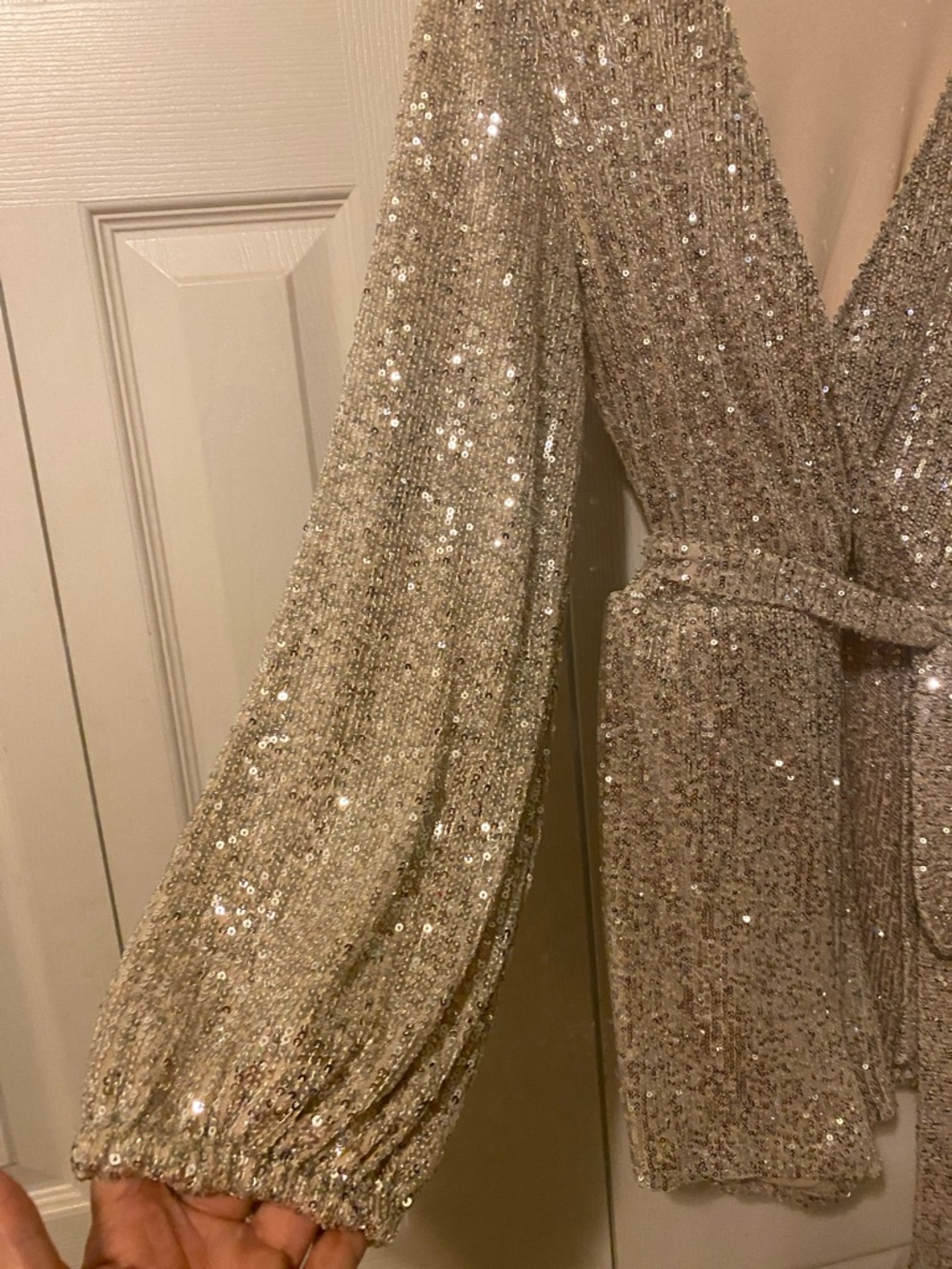 Sequin Faux Wrap Romper in Champagne - Picture 3 of 7